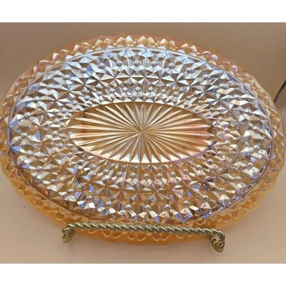 Vtg Serving Platter Jeannette Oval Glass Iridescent Buttons & Bows 11.5